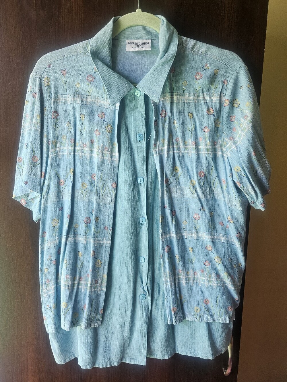 Alfred Dunner Teal Floral Short Sleeve Button Front Blouse Size 16